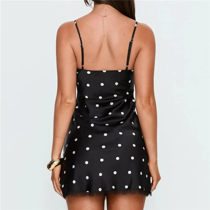 Summer Polka Dot Mini Dress For Women High Waist Sleeveless Dress Spaghetti Strap Sexy Backless Party Club Sundress