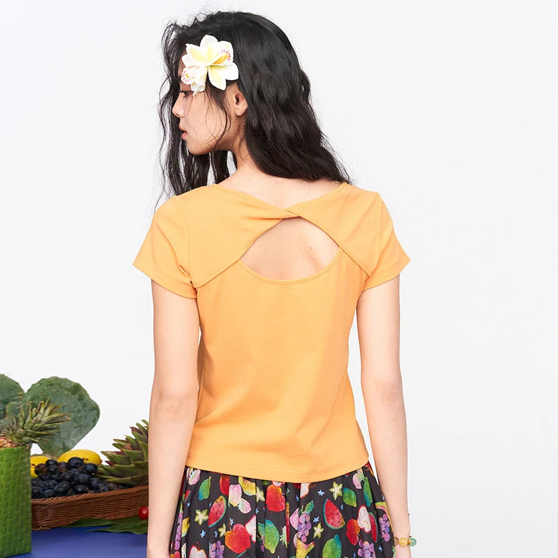 Women's Cropped Short Sleeve Tee with Pear Letter Embroidery, Hollow Twist Neck Slim Fit Top for Summer