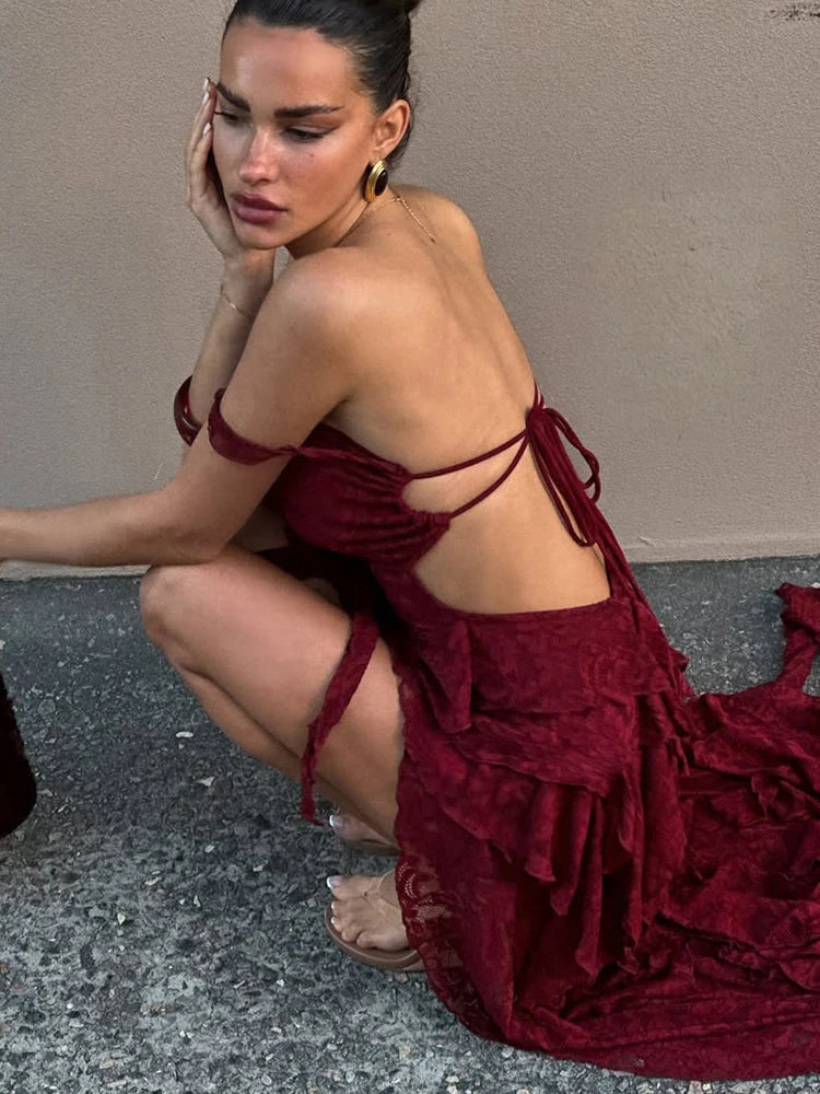 Irregular Tierred Dress Women Mesh Patchwork Slash Neck Lace-Up Backless Midnight Banquet Party Elegant Long Bodycon