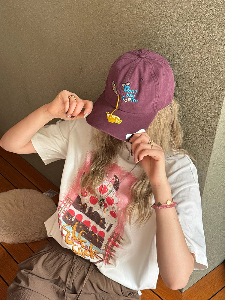 Women's Cute Embroidered Baseball Cap, Vintage Washed Cotton Dad Hat with Funny Print, Adjustable Casual Daily Sun Hat