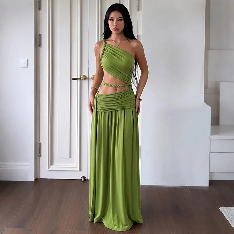 Asymmetric Cut Out One Shoulder Maxi Dress Women Clothing Elegant Sexy Party Dresses Green Burgundy