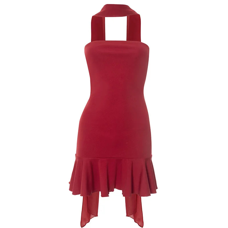 Mesh Scarf Strapless Mini Dresses for Summer Red Sexy Party Outfits Woman Ruffled Dresses
