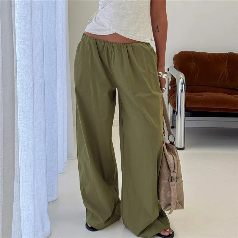 American Minimalist Elastic Waist Wide Leg Pants Women Oversized Draped Baggy Floor Length Casual Daily Office Trousers