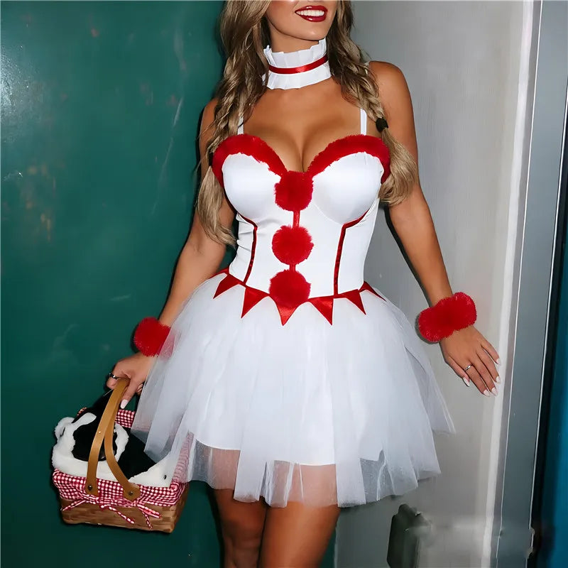 Women Halloween Clown Cosplay Costume Pom Pom Tulle Tutu Mini Dress With Choker Wrist Cuffs Carnival Party Fancy Outfit