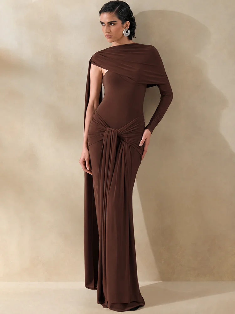 Women Asymmetrical Draped One Shoulder Maxi Dress Long Sleeve Waist Ruched High Split Bodycon Club Party Party Dress