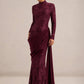 Women High Neck Long Sleeve Lace Maxi Dress Draped Sash Bodycon Mermaid Evening Party Gown Formal Wedding Guest Dress