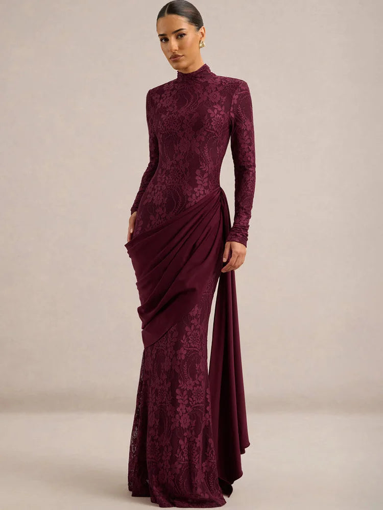 Women High Neck Long Sleeve Lace Maxi Dress Draped Sash Bodycon Mermaid Evening Party Gown Formal Wedding Guest Dress