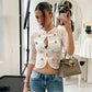 Elegant See Through White Lace Shirts for Woman Clothing Single Breasted 3/4 Sleeve Crop Tops