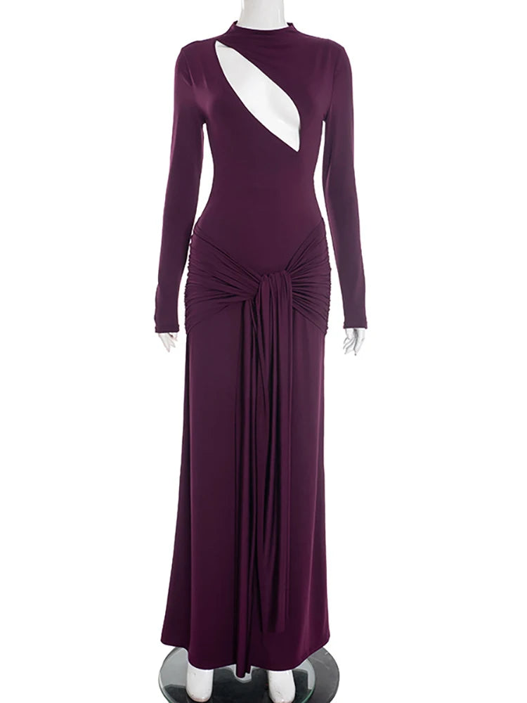 Hollow Out Long Sleeve Sexy Maxi Dress Women Gown Elegant O Neck Draped Ruched Bodycon Club Party Long Dress Fashion