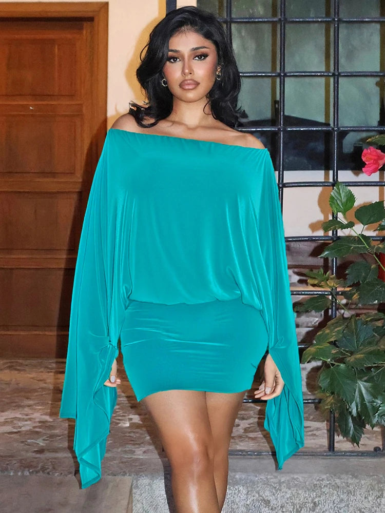 Sexy Slash Neck 2-Piece Set Women Big Flare Sleeve Top+Peach Hip Skirt Matching Stretch Skinny Elegant Street Outfits