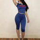 Casuals 2 Piece Set Women Trend Letter Print Color Blocking Short Sleeve T-Shirt+Capri Pants Simple Sporty Streetwear