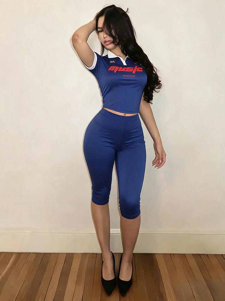 Casuals 2 Piece Set Women Trend Letter Print Color Blocking Short Sleeve T-Shirt+Capri Pants Simple Sporty Streetwear