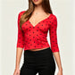 Women Vintage Polka Dot Crop Top Deep V 3/4 Sleeve Wrap Bust Slim Fitted Short T Shirt Retro Casual Y2K Basic Blouse
