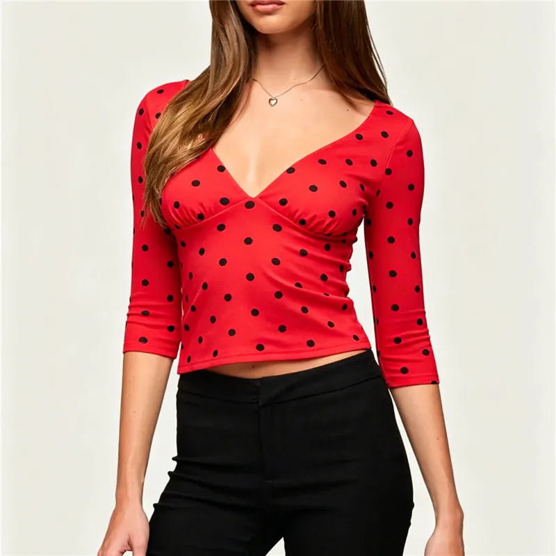 Women Vintage Polka Dot Crop Top Deep V 3/4 Sleeve Wrap Bust Slim Fitted Short T Shirt Retro Casual Y2K Basic Blouse