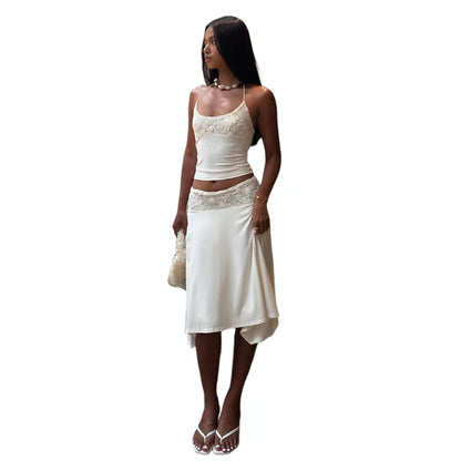 Patchwork Jacquard Simple 2-Piece Set Women Halter Bandage Backless Vest+Irregular Hem Folds Skirt Elegant Party Suit