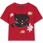 Women's Casual Short Sleeve T-Shirt with Cat Floral Graphic, Playful Red Tee for Summer, Cute Crop Top for Everyday