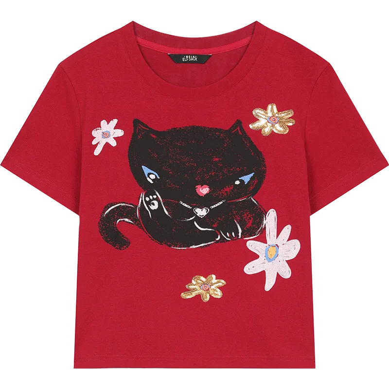 Women's Casual Short Sleeve T-Shirt with Cat Floral Graphic, Playful Red Tee for Summer, Cute Crop Top for Everyday