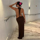 Women Halter Neck Backless Maxi Dress Side Cutout Sleeveless Bodycon Long Dress Metal Buckle Detail Evening Party Gown