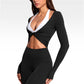 Womens Workout Tops Long Sleeve Deep V Neck Solid Color Twist Front Slim Fit Cropped Shirts for Gym Yoga Ballet Pilates