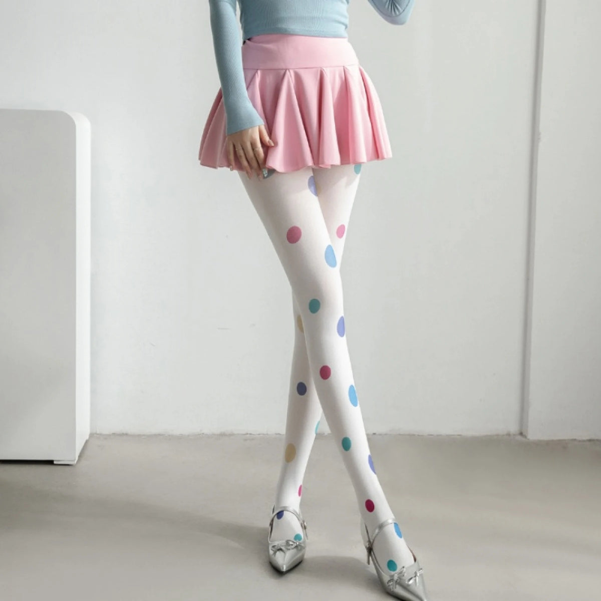 Vintage Big Polka Dot Women Pantyhose Solid White Base Printed Tights Cute Fashion Hosiery For Daily Party Lolita Outfit