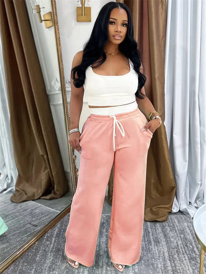 Casual Tracksuit 2 Piece Set Women Simple Solid Tank Tops+Drawstring Patchwork Straight Pants Fashion Sporty Sets