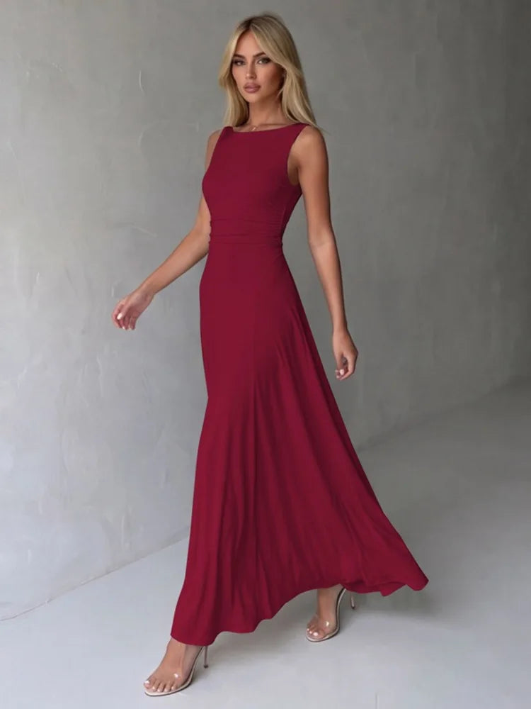 Cowl Neck Backless Sexy Midi Dress Women Elegant Ruched Waist Bodycon Long Evening Club Party Dress Female Gown