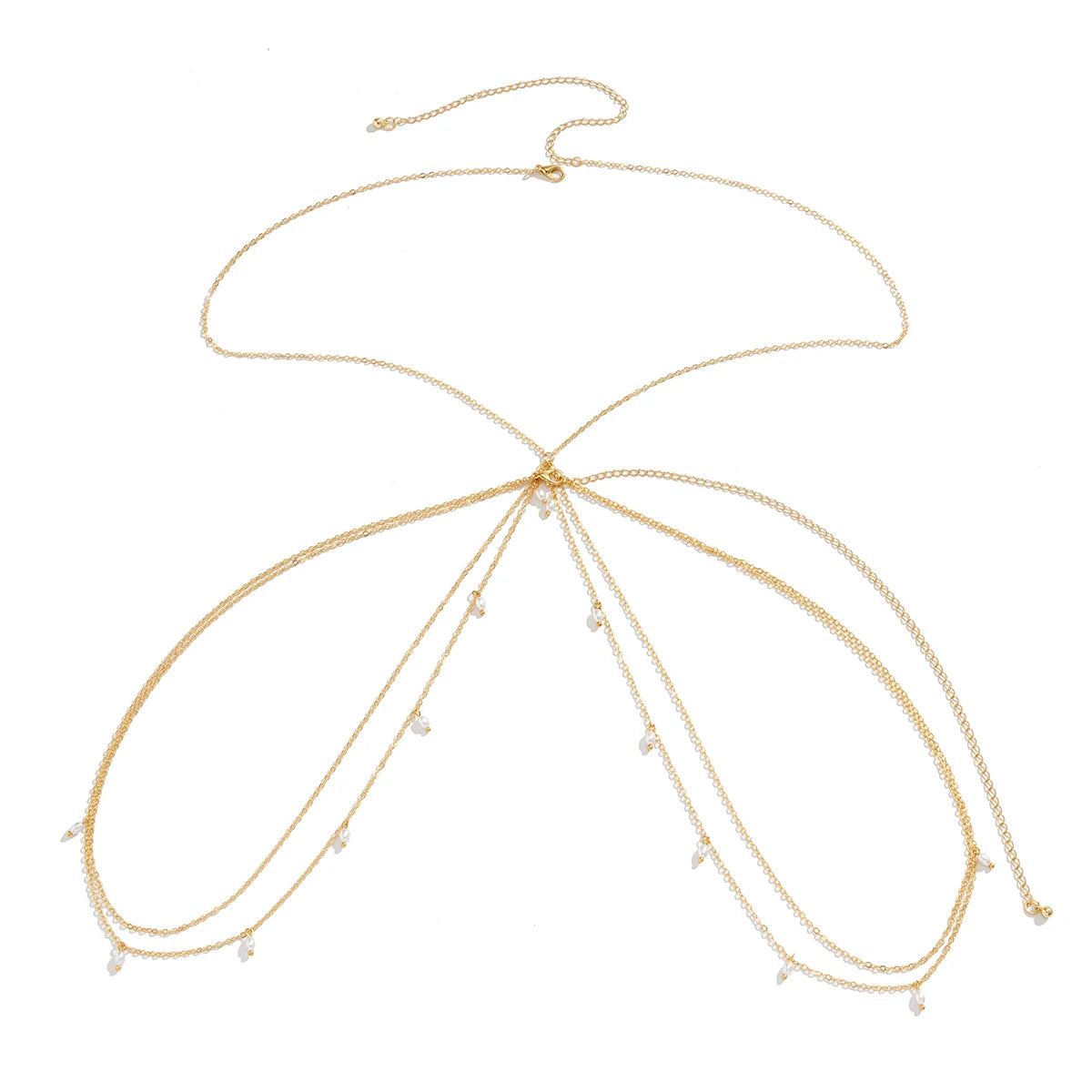 Sexy Imitation Pearl Cross Chest Breast Belly Body Chain Necklace for Women Summer Bikini Boho Tassel Jewelry Y2K Accessories