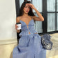 Blue and White Gingham Print Two Piece Set Woman Summer Outfits Vacation Crop Top and Long Skirt Skirts