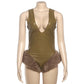 Faux Fur Trim PU Leather Shorts Jumpsuit Deep V Neck Sleeveless Backless Romper Sexy Onesie Woman Club Outfit