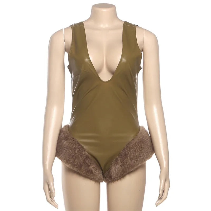 Faux Fur Trim PU Leather Shorts Jumpsuit Deep V Neck Sleeveless Backless Romper Sexy Onesie Woman Club Outfit