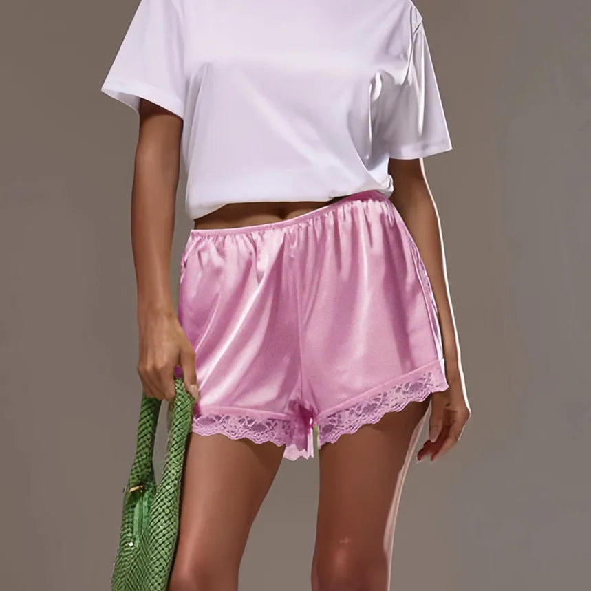 Lace Trim Satin Shorts for Women Silky Elastic Waist Mini Shorts Casual Lounge French Knickers Slip Boxer Pj Bottoms