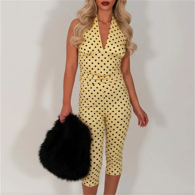 Women Polka Dot 2Piece Outfits Halter Deep V Backless Crop Top Capri Pants Set Sexy Bodycon Summer Club Party Tracksuit