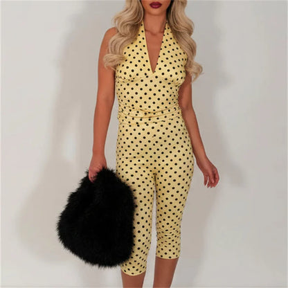 Women Polka Dot 2Piece Outfits Halter Deep V Backless Crop Top Capri Pants Set Sexy Bodycon Summer Club Party Tracksuit