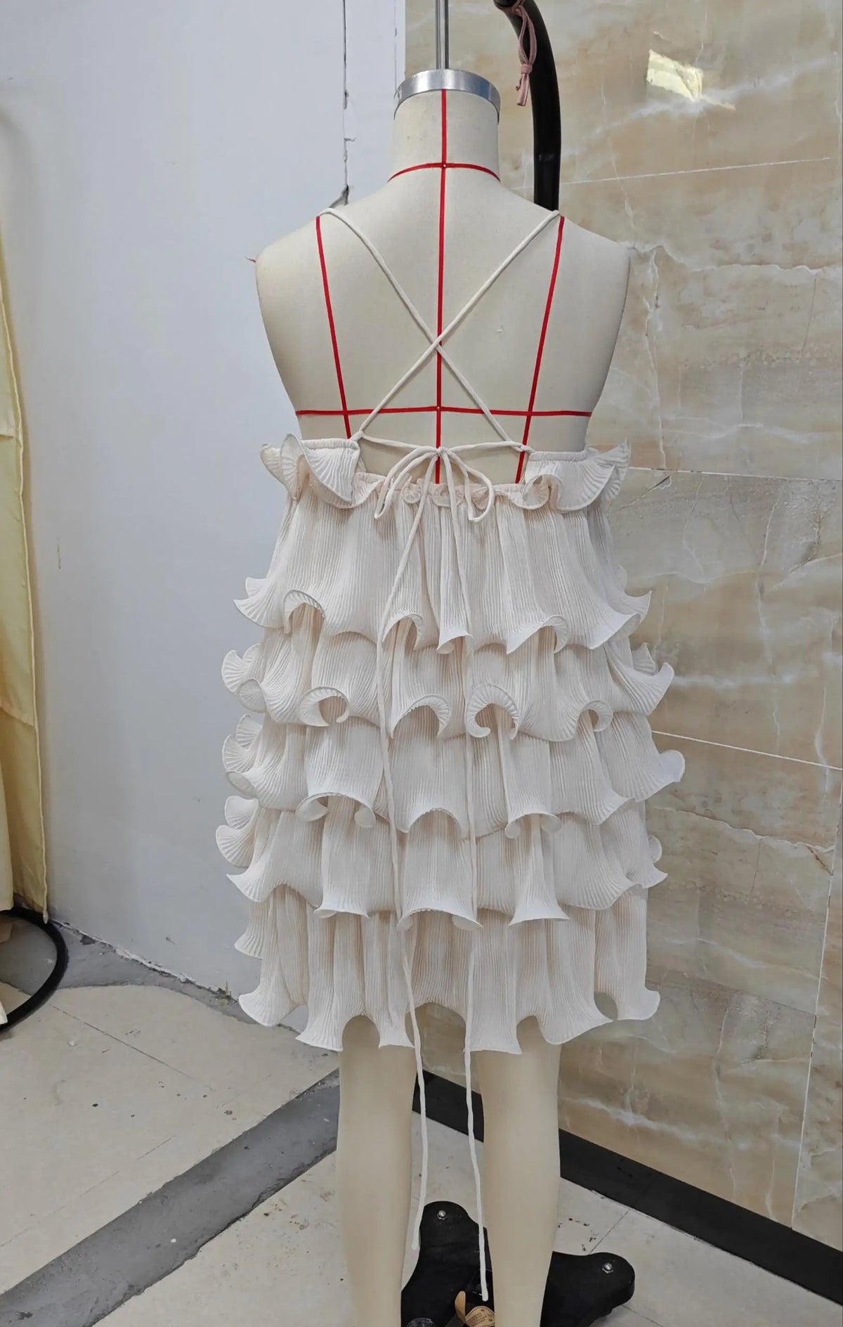 Women Summer Sleeveless Spaghetti Strap Dress Solid Color Chiffon Tiered Ruffled Mini Party Dress Vacation Streetwear