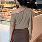 Women T Shirts Brown Striped Asymmetrical One Shoulder Short Sleeve Crop Tops Summer Clothes 2026