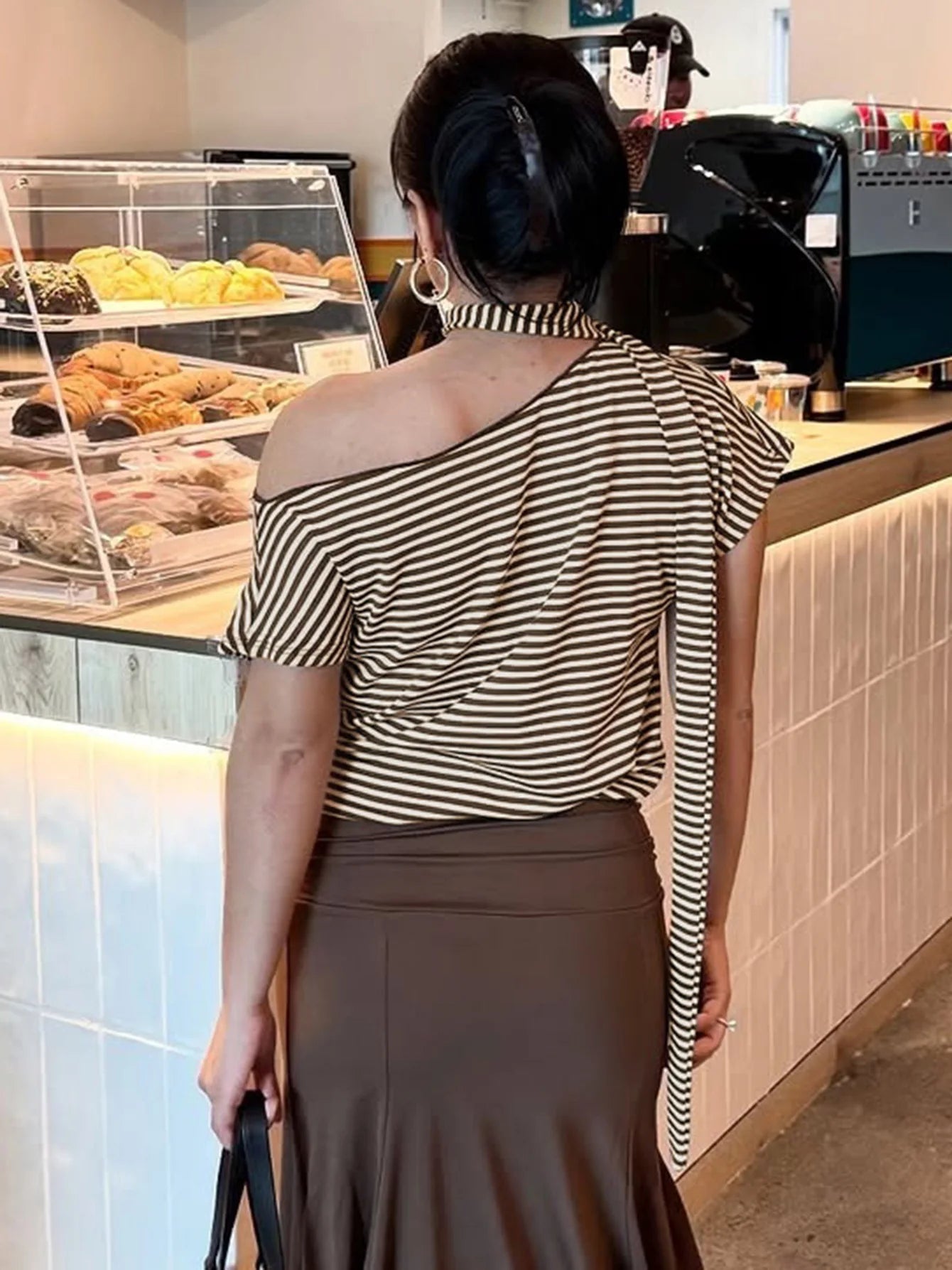 Women T Shirts Brown Striped Asymmetrical One Shoulder Short Sleeve Crop Tops Summer Clothes 2026