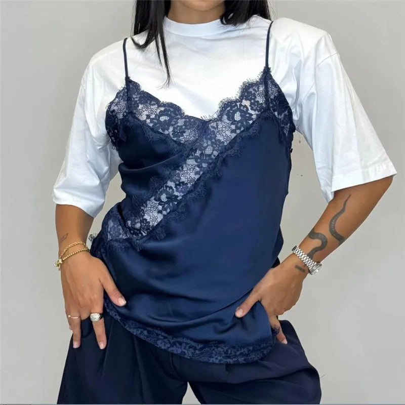 Women Lace Silk Satin Tank Tops Y2k Fairy V Neck Camisole Sleeveless Spaghetti Strap Summer Going Out Tops Streetwear