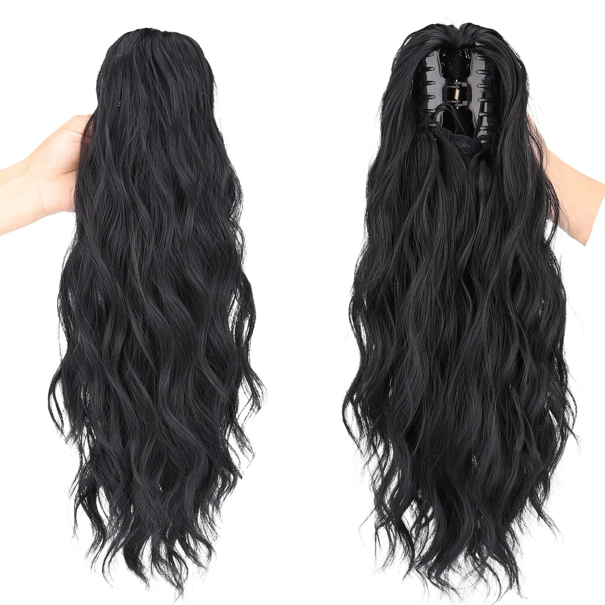Synthetic Claw Clip Ponytail 18Inch Long Wavy Black Brown Heat Resistant Type Layered Horse Tail  Hair Extension