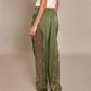 Women's Satin Wide Leg Trousers Lace Patchwork High Waisted Drawstring Lounge Pants Elegant Loose Fit Bottoms