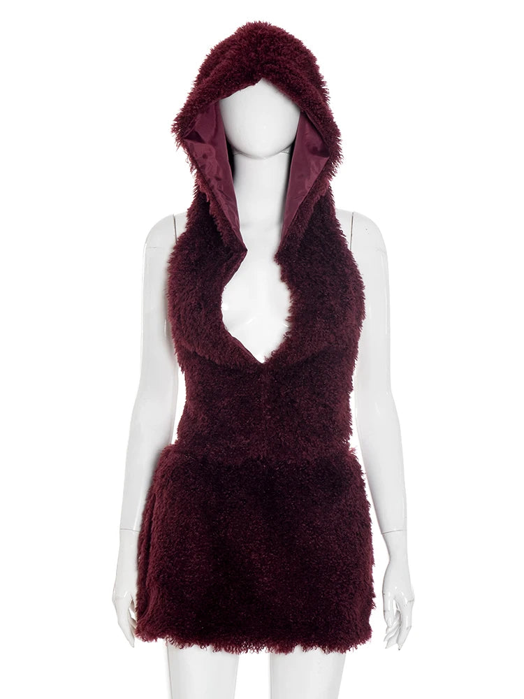 Hooded Furry 2 Piece Set Women Sexy U-Neck Backless Bandage Tank Tops+Tight Mini Skirt Chic Midnight Party Clubwear