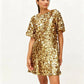 Women's Green Sequins Shift Mini Dress with Round Neck Short Sleeve Back Bow Tie Sparkly Party Club Evening Dress