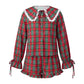 Women Christmas Plaid Two Piece Pajama Set Lace Collar Long Sleeve Button Top Ruffle Shorts Casual Loungewear Sleepwear