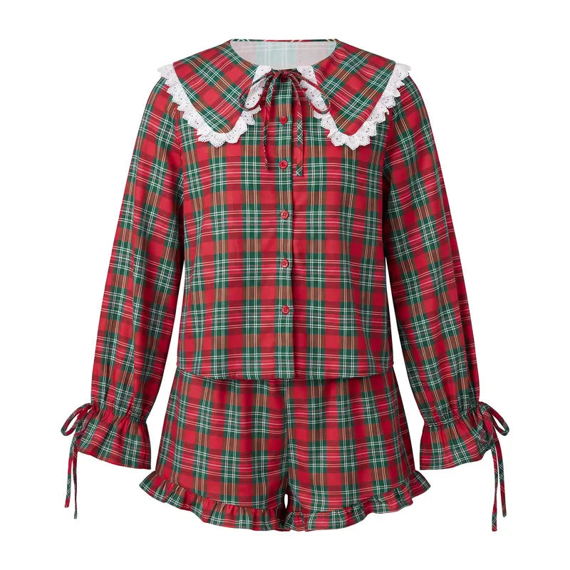 Women Christmas Plaid Two Piece Pajama Set Lace Collar Long Sleeve Button Top Ruffle Shorts Casual Loungewear Sleepwear