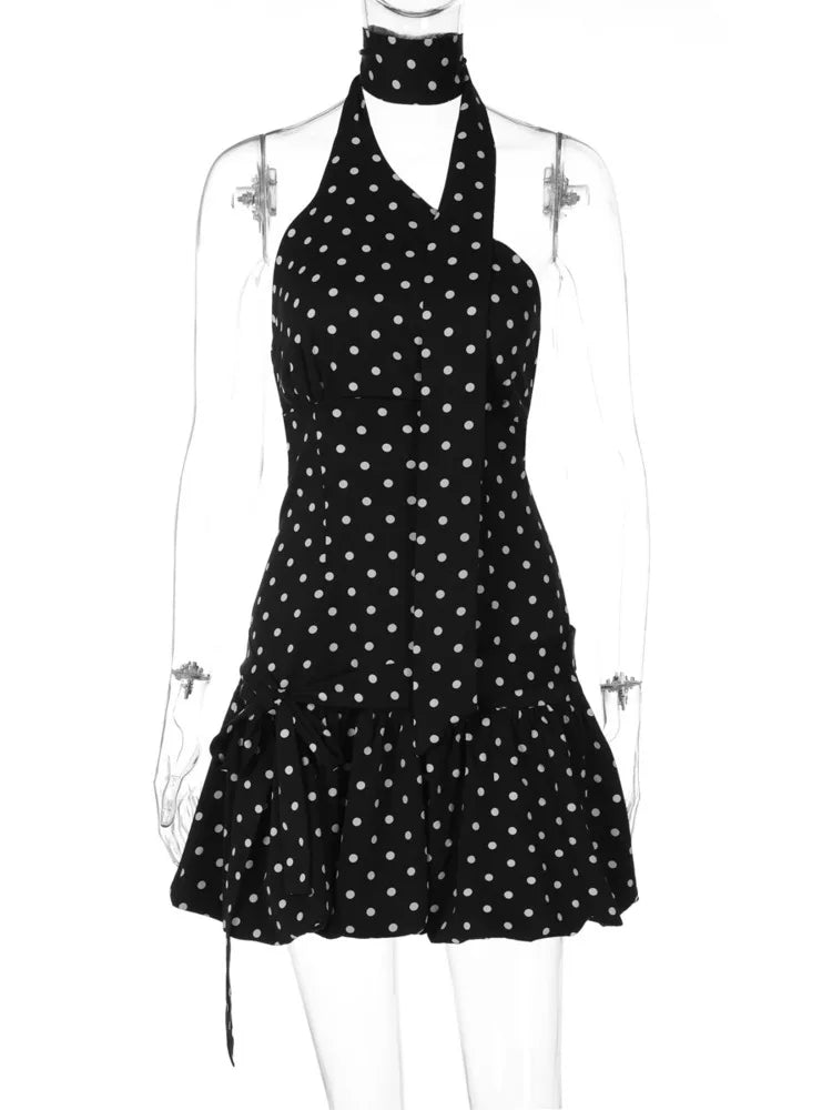 Polka Dot Backless Sexy Mini Dress Women Elegant Halter Off-shoulder Sleeveless Drop Waist Ruffle Club Party Dresses