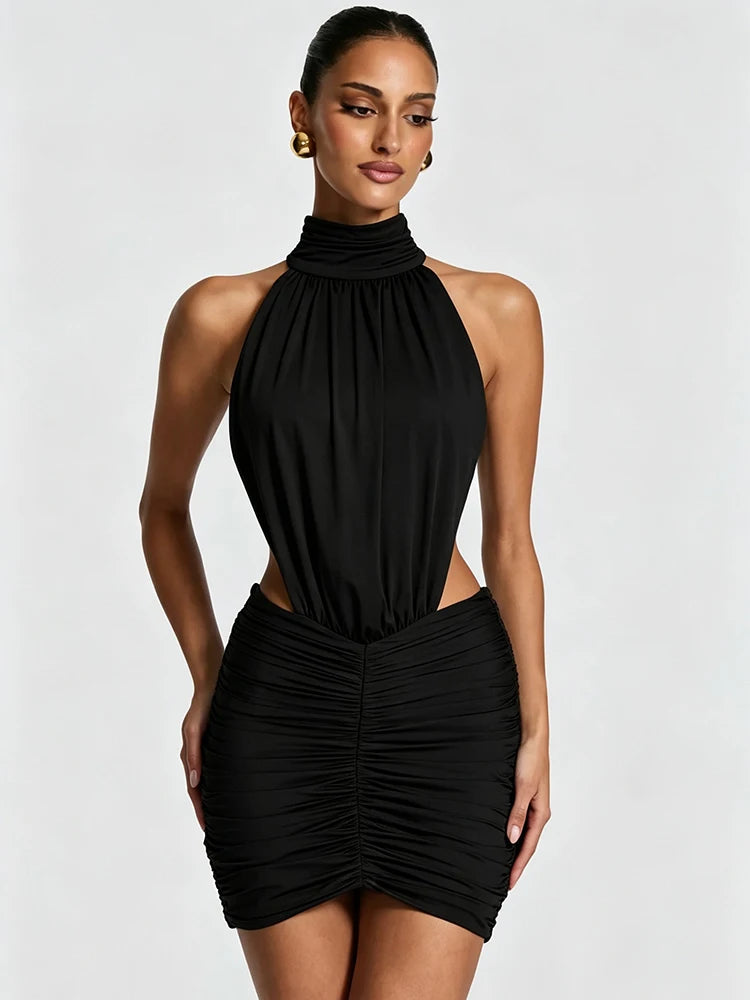 Halter High Neck Sexy Mini Dress Women Elegant Draped Ruched Waist Cutout Bodycon Cocktail Club Party Dress Fashion
