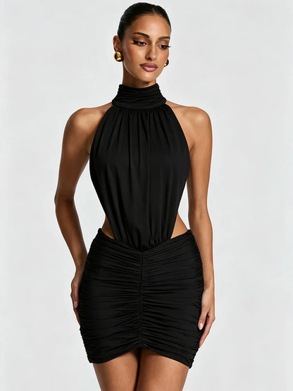 Halter High Neck Sexy Mini Dress Women Elegant Draped Ruched Waist Cutout Bodycon Cocktail Club Party Dress Fashion