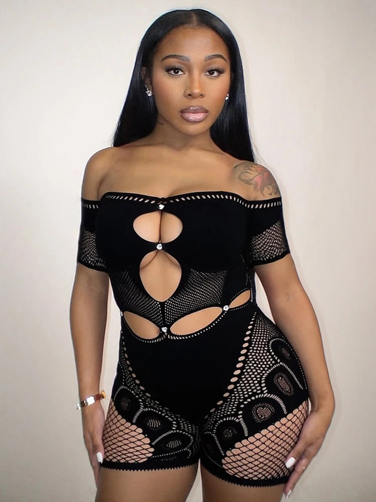 Sexy Hollow Playsuits Woman Diamond Summer Hipster Midnight Short Sleeve O-Neck Slash Neck Streetwear Skinny Romper