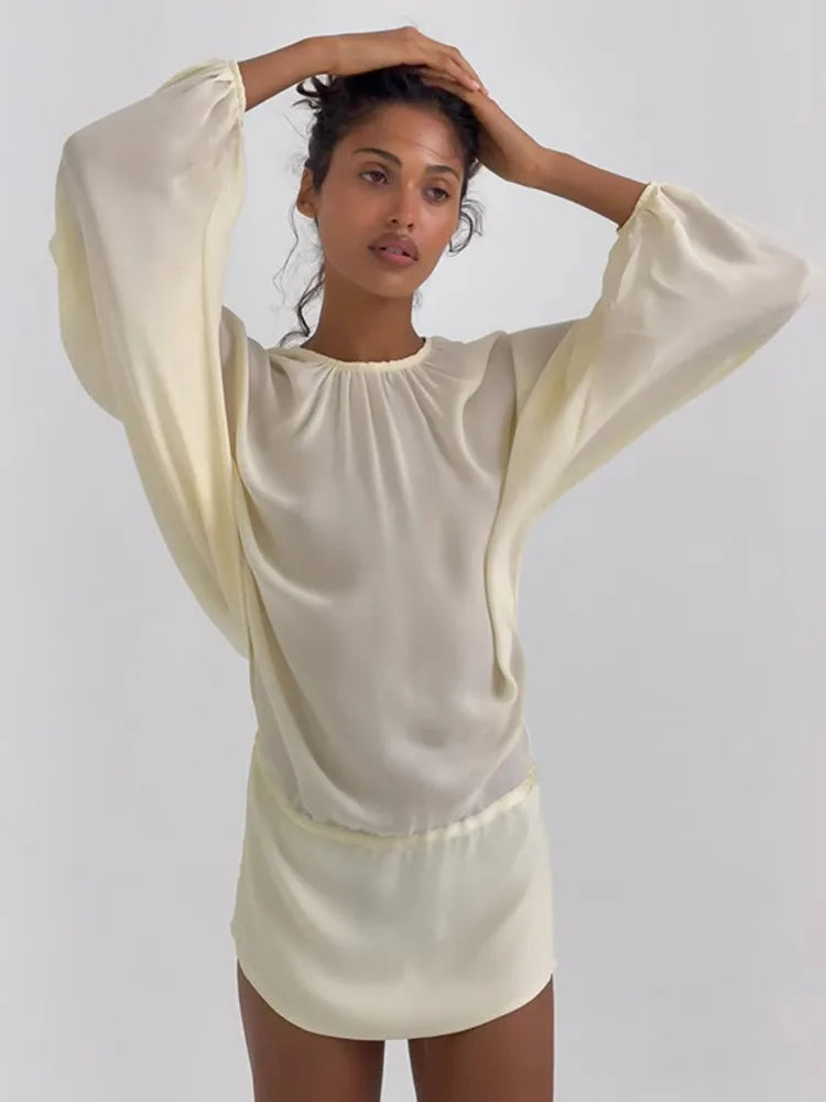 Women Blouse Sexy Mini Dress Loose Lantern Long Sleeve Round Neck Pleated Backless Dress Casual Party Beach Outfits