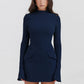 Dark Blue Two Pocket Sexy Mini Dress For Women 2023 Autumn Winter New Long Sleeve Bodycon Club Party Dress Elegant