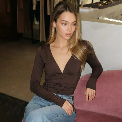 Deep V Neck Ruched Long Sleeve Tops Fall 2026 Fashion Brown Fitted T Shirts Woman Clothing